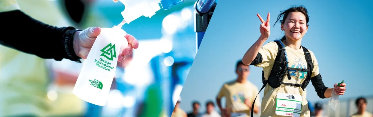 マラソン大会での給水風景とランナー