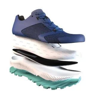 分解された青いスポーツシューズの構造