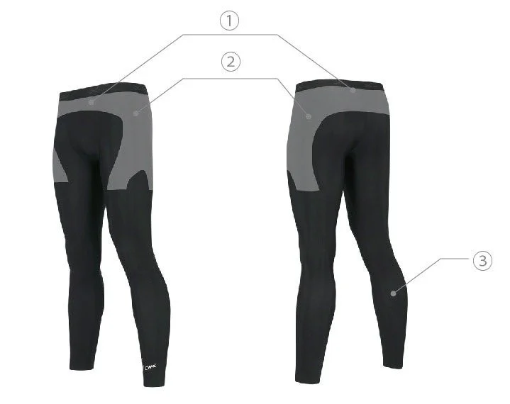 黒とグレーのツートンカラーのスポーツ用レギンスの前面と背面を示した画像