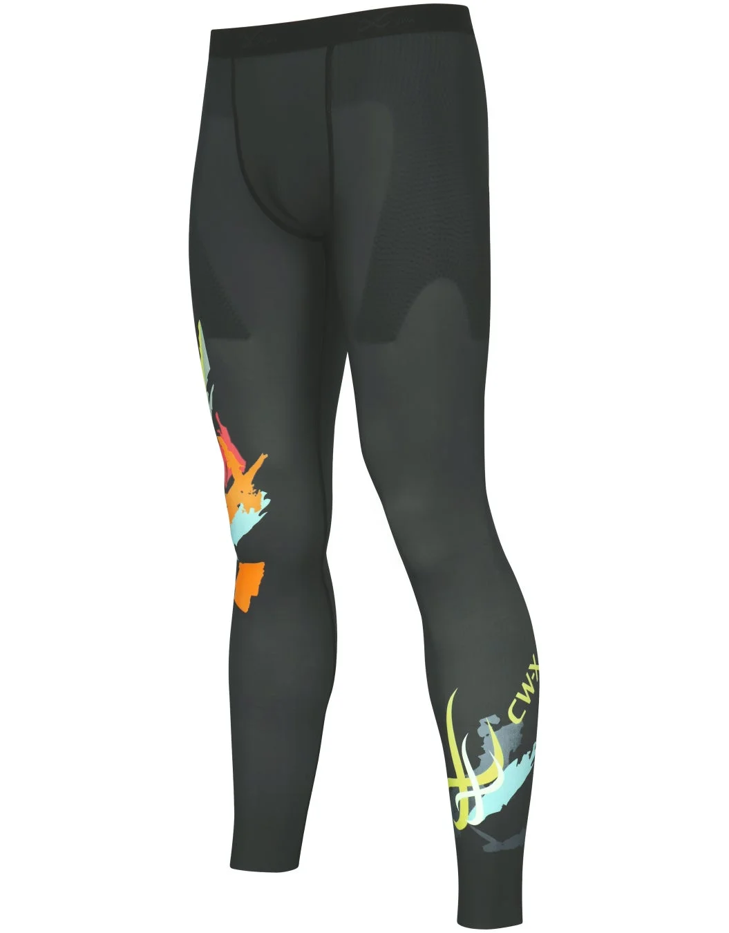 黒色のコンプレッションタイツで、左太ももと右下腿にカラフルな抽象的なブラシストローク柄