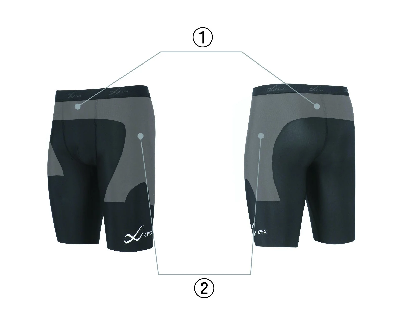 CW-Xの黒とグレーのコンプレッションショートタイツの前後を写した商品画像