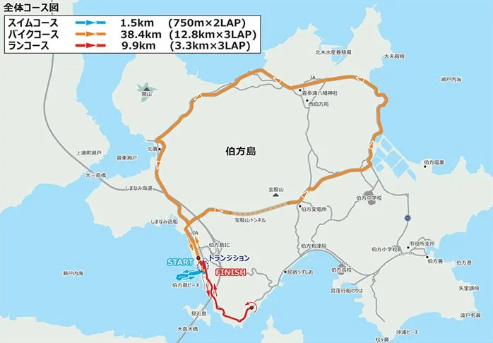 伯方島を舞台にしたスイム、バイク、ランの競技コース図