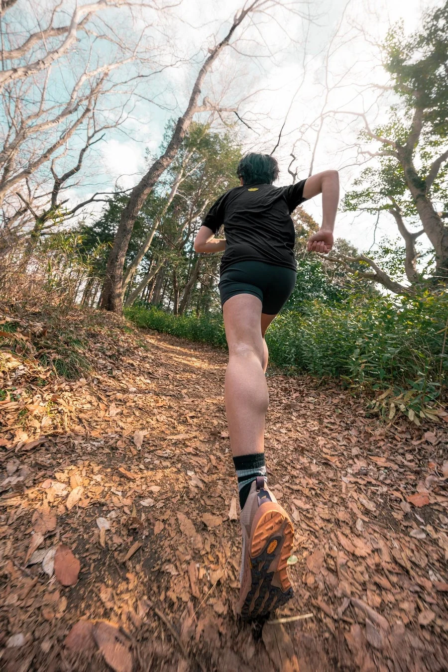 森林のトレイルを駆け上がる人物
