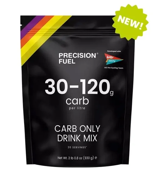 この画像は、PRECISION FUELの炭水化物専用ドリンクミックスのパッケージを示しています。UCIプロサイクリングチームと共同開発された、1リットルあたり30-120gの炭水化物を含む製品で、30食分入りです。