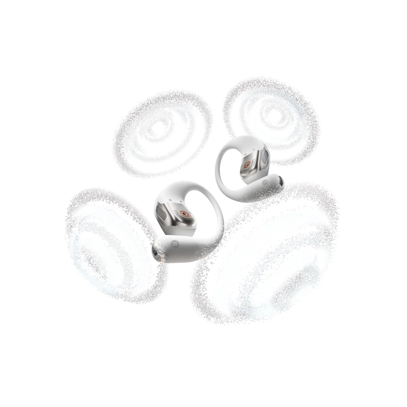 洗練されたデザインの耳掛け式ワイヤレスイヤホンが2つ配置された画像