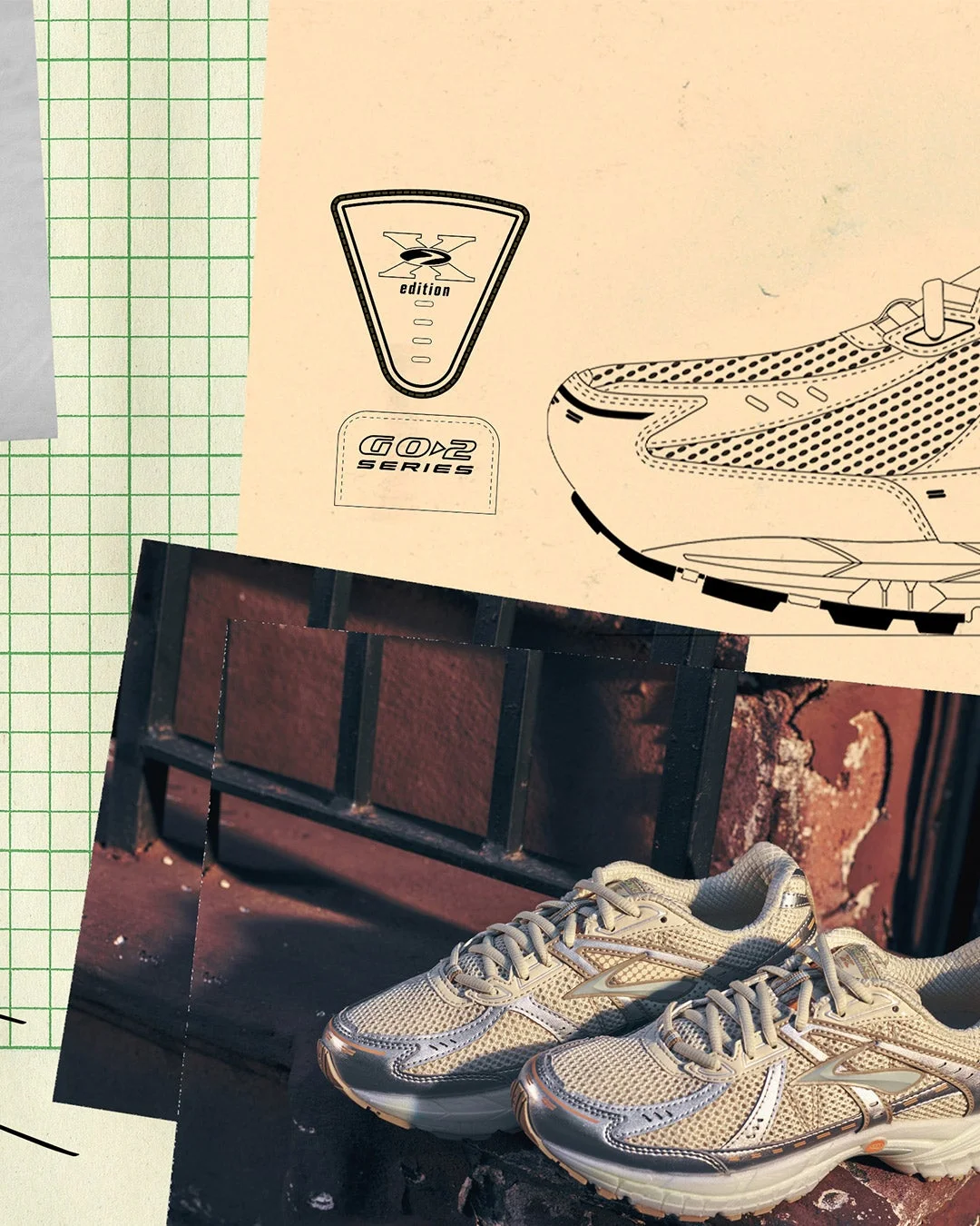 クリーム色とシルバーのスニーカーとスケッチのコラージュ