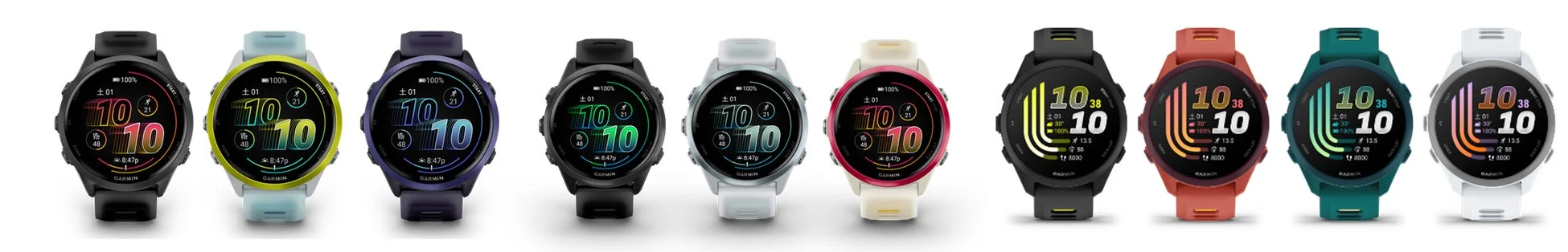 カラフルなバンドとディスプレイデザインのGarmin製スマートウォッチが複数並んでいる