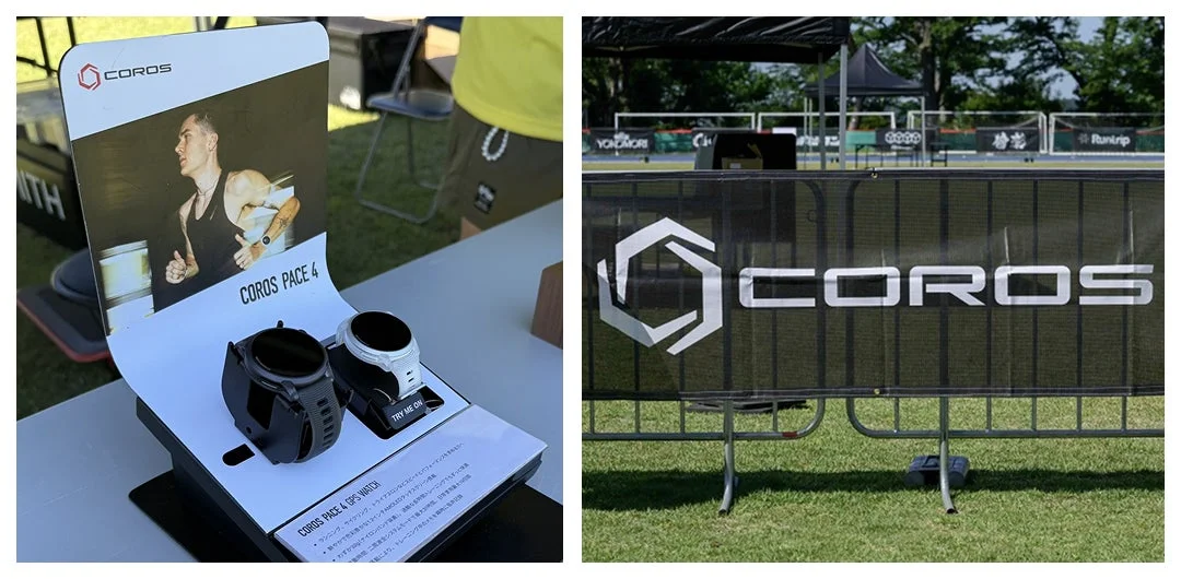 屋外イベント会場でCOROSの製品が展示されている様子。左側にはCOROS PACE 4 GPSウォッチのディスプレイがあり、右側にはCOROSのロゴが入った黒いバナーが設置されています。