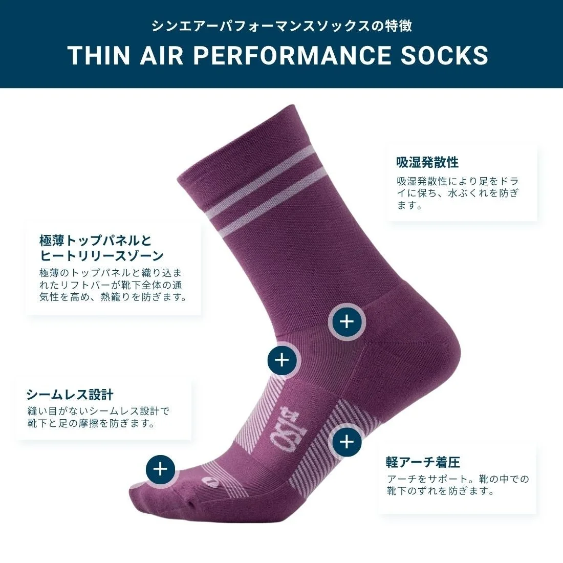 紫色の高性能ソックス「THIN AIR PERFORMANCE SOCKS」の特長