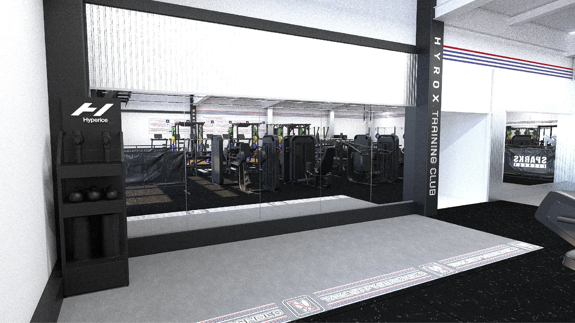 トレーニング機器が並ぶジム内部、HYROX TRAINING CLUBの文字