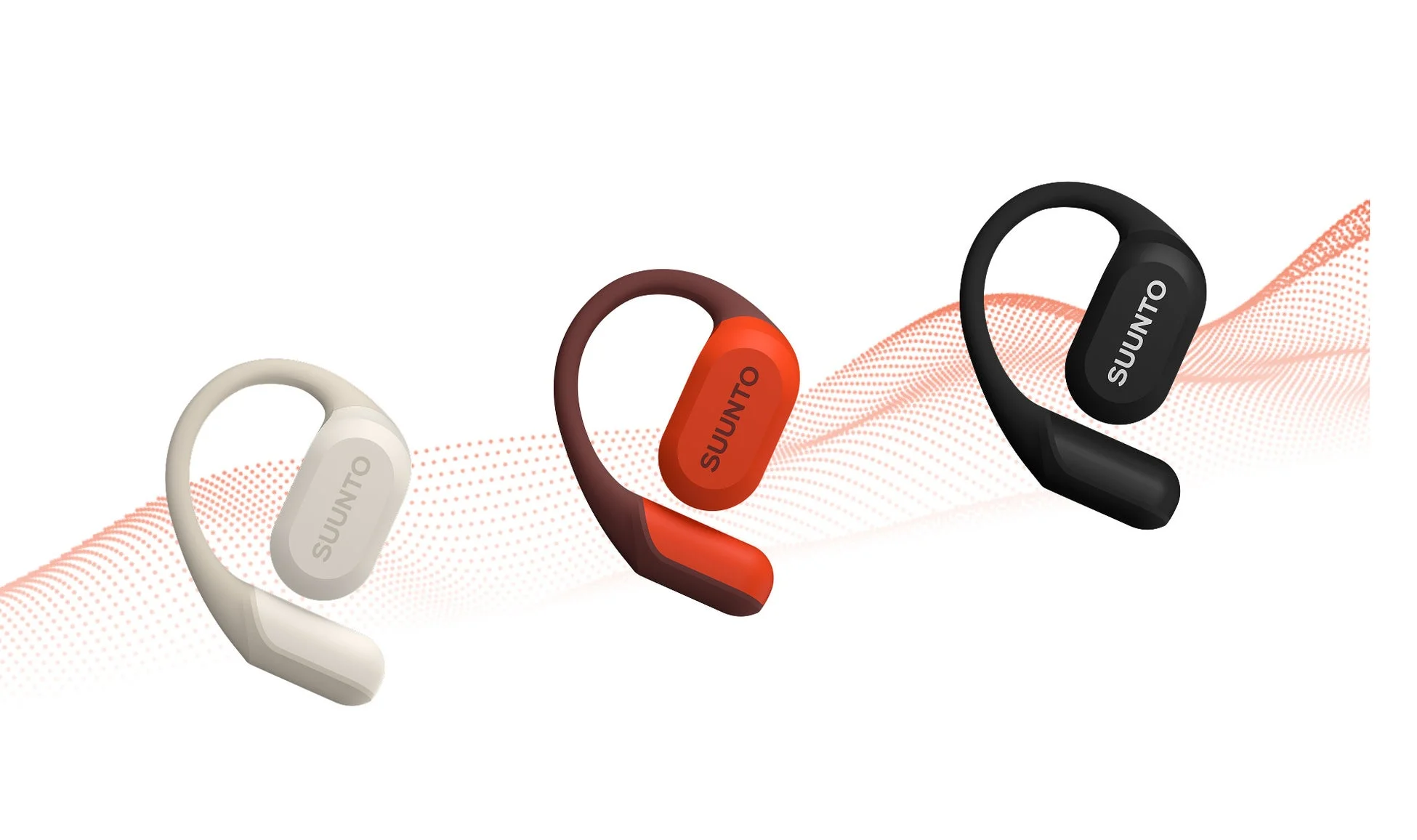SUUNTOブランドの3色のワイヤレスヘッドホンが並べられた製品画像です。白、赤、黒のカラーバリエーションがあり、骨伝導またはオープンイヤータイプでスポーツや日常での使用を想定したデザインです。
